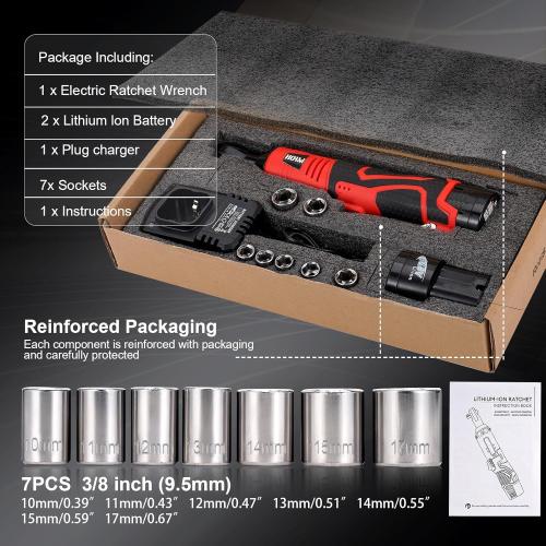 3/8 Cordless Electric Ratchet Wrench Set, 40 Ft-Lbs 16.8V Battery Power Ratchet Tool Kit with Variable Speed Trigger, 2 Packs 2.0Ah Battery, Charger, 7 Sockets