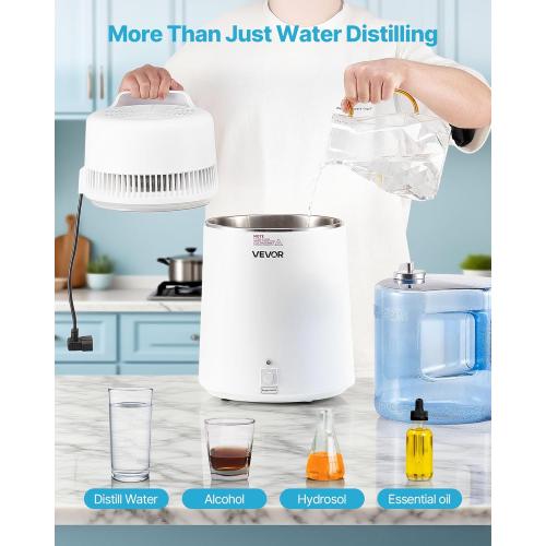VEVOR Water Distiller, 6L/1.6 Gallon Larger Distilled Machine, 900W Distilling Water Maker, 0-99H Timing Set, Time & Temp Display, 304 Stainless Steel Interior Stiller with Plastic Carafe, White