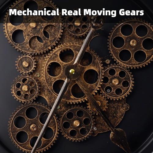 24 Inch Large Digital Wall Clock with Real Moving Gears-Round Silent Vintage Industrial Metal Farmhouse Clock for Bedroom, Battery Operated, Roman Numeral, Golden