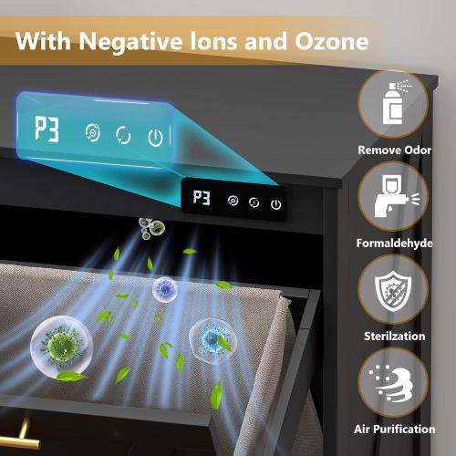 Color Black Tilt Out Trash Can Cabinet for 2 Bins, Hidden Recycle Garbage Bin Enclosure, Wooden Double Laundry Cabinet with Odor Control, Negative Ion & Ozone, for Kitchen, Bathroom, Laundry Room