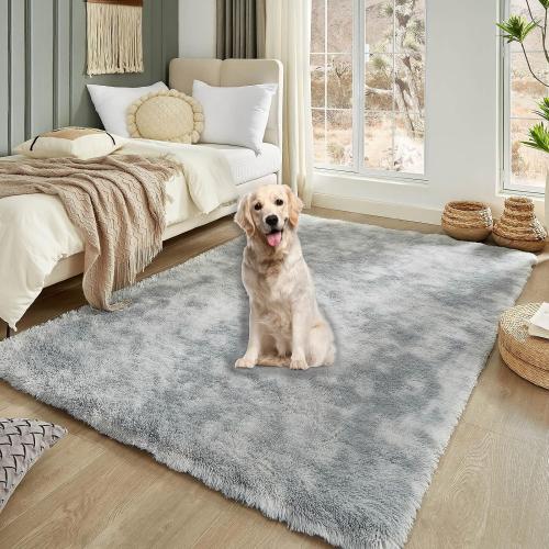 Floralux 5x7 Area Rug for Bedroom, Tie-Dye Light Grey, Living Room Shag Rugs, Non-Slip Shaggy Floor Carpet for Teens Dorm, Bedside, Playroom, Nursery, Home Decor Aesthetic