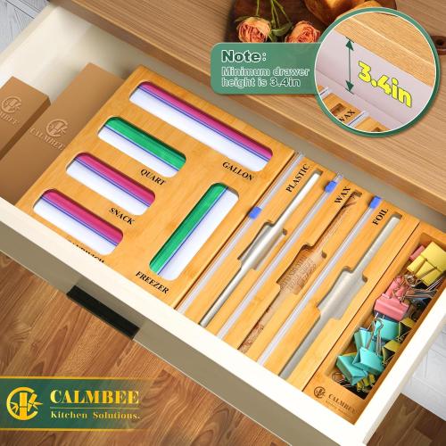 Calmbee 9 IN 1 Storage Bag Organizer for Kitchen Drawer, Bamboo Foil and Plastic Wrap with Cutter, Organizers Compatible Gallon, Quart, Sandwich Snack Size