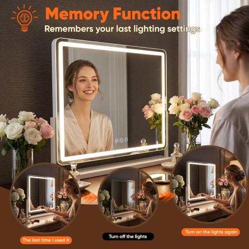 Antok Vanity Mirror with Lights, 14X18 Lighted Makeup Mirror, Smart Touch, 3 Color Modes and Brightness Adjustable, LED Vanity Mirror with Detachable 10X Magnification, 360° Rotation for Makeup Desk