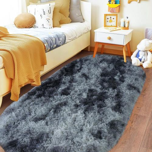 Fluffy Oval Rug for Bedroom 3.3'x6.2', Shag Area Rug for Bedside, Ultra Soft Cute Plush Carpet for Living Room Girls Boys Room Nursery Teens Dorm Home Decor, Blue Grey