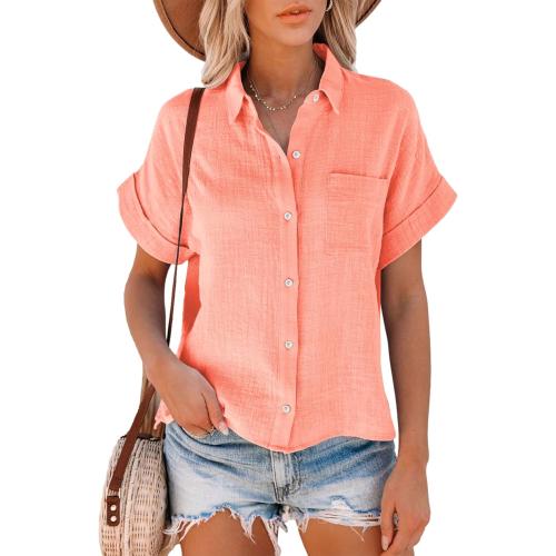 Womens Short Sleeve Cotton Button Down Up Shirt Collared V Neck Tops Shirts Blouses Dress for Women Western Wear