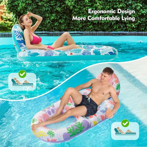 2 Pack Pool Floats Adult Heavy Duty-Adult Pool Float Lounger with Cup Holders, Backrest & Footrest Pool Lounge Float Pool Floaties Rafts for Beach Lake Party(Pink, Blue)