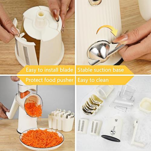 Rotary Cheese Grater with Handle: 5 in 1 Cheese Grater Hand Crank Cheese Shredder with Strong Suction Base Kitchen Vegetable Slicer with 5 Interchangeable Blades, Storage Box, White