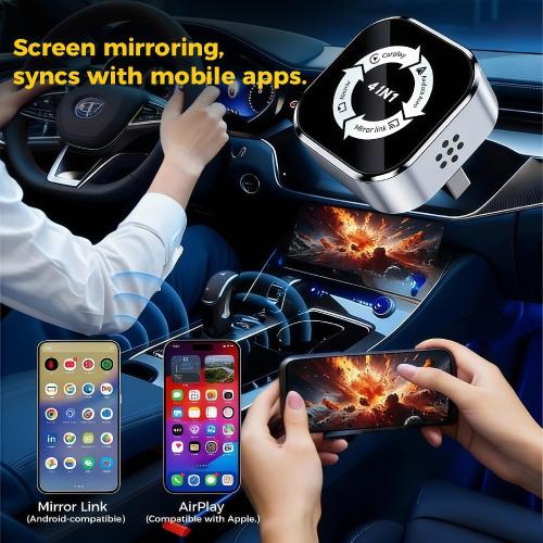 4-in-1 Screen Mirroring Wireless CarPlay Adapter,2026 Upgraded for Wireless Apple CarPlay/Android auto/AirPlay/MirrorLink Adapter,Mini USB Design with Type-C Extension,Fast Auto-Connect,Plug & Play