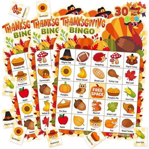 JOYIN 30 PCS Thanksgiving Bingo Game Cards for Kids Family Activities, Party Card Games, School Classroom Games, Turkey Party Favors Supplies, Crafts, Stickers & Fall Crafts