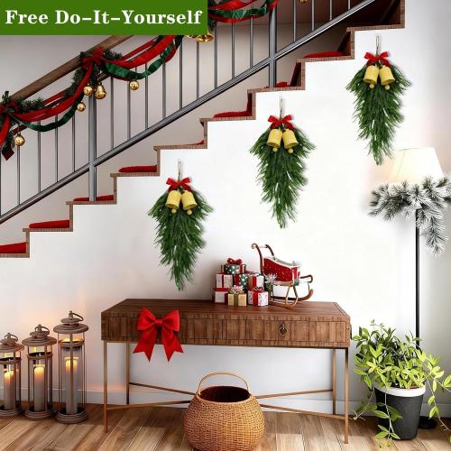 2 Pcs 29.5’’ New Year Teardrop Swags, 21 Branches Each Artificial Hanging Decorations Christmas Indoor Outdoor Ornament