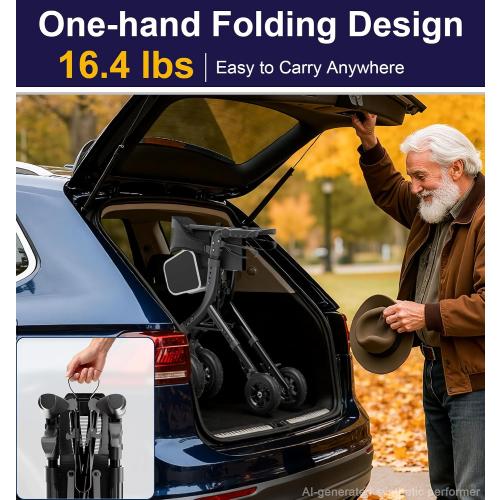 HOMLAND Foldable Rollator Walker for Seniors with Seat, Black | 10 All-Terrain Wheels, Curb Climber, 16.4 lb Lightweight, Lockable Brakes, 300 lbs Capacity