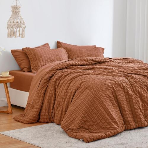 Love's cabin Seersucker Terracotta King Size Comforter Set 6 Pieces, All Season Bedding Set, King Bed in a Bag Comforter Set with Comforter, Flat Sheet, Fitted Sheet, Pillowcase and Pillow Sham