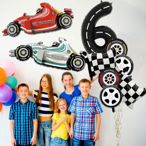 Number 6 Race Car Balloons, 43 Inch Race Car Party Decorations, Wheel Tire Balloon, Black and White Checkered Foil Balloons for Boys 6th Birthday Party Decoration - Pack of 9