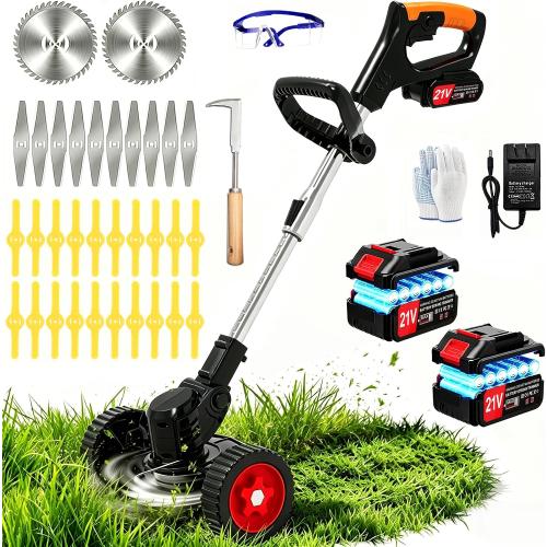 21V Electric Weed Wacker Cordless Weed Eater Battery Powered, String Trimmer Battery Operated 3-in-1 Lightweight Grass Trimmer/Brush Cutter/Lawn Edger with Wheels & Metal Blade for Yard and Garden