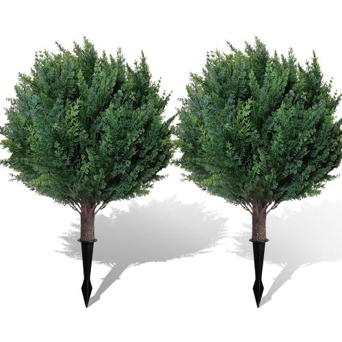 26.6'' Artificial Cypress Topiary, 2 Pack Lifelike Topiary Trees Artificial Outdoor with Spike,UV Resistant, Lasting Evergreen Bushes for Breathe Life & Lushness into Any Space (Cypress)