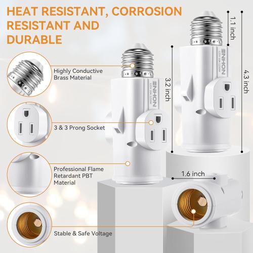 Enhon 2 Pack Light Socket Outlet Adapter, 2/3 Prong Light Socket to Plug Adapter, E26/E27 Heat Resistant Lamp Bulb to 2/3 Prong Plug Outlet Splitter Converter for Garage Porch Indoor Outdoor