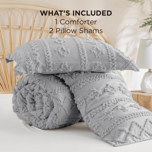 90X90 size Bedsure Tufted Boho Comforter Set90x90 Size - Light Grey Boho Bed Set, GentleSoft™ 3 Pieces Farmhouse Shabby Chic Embroidery Bedding, Gifts for Woman, Soft Jacquard King Comforter for All Seasons