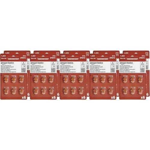 Amazon Basics 60Pack Hearing Aid Size 312 Zinc-Air Batteries, 1.45 Volt, Brown Tab, 4-Year Shelf Life, Child-Safe Package (Use Scissors to Open)