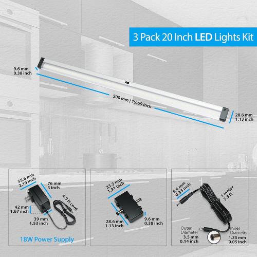 EShine Hand Wave Activated Under Cabinet LED Lighting Kit, Dimmable, 3-Pack 20 in - Touchless Dimming Control, Black Under Counter Lights for Kitchen, Garage, Office, Desk - Warm White (3000K)