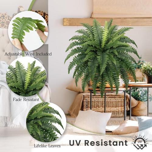 Ferns Artificial Bush Plants Large, 2 Artificial Boston Ferns for Outdoors Home Decor