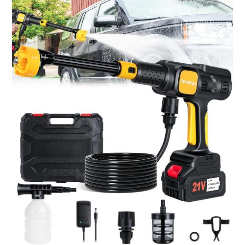 Cordless Pressure Washer, 600PSI Portable Power Washer with 6-in-1 Nozzle & Foam Cannon, 21V Battery Powered Cordless High Pressure Washer Gun, Handheld Pressure Washers for Car, Patio, Home