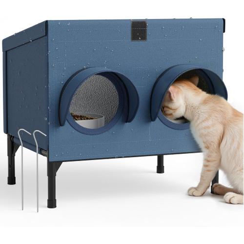 Outdoor Cat Feeding Shelter for Feral & Stray Cats, Insulated Dining Room with Slanted Roof & Double Feed Hole, Connects to PELUOMOZ Cat Houses, Windproof & Weatherproof – Navy Blue, 16×12×15.5