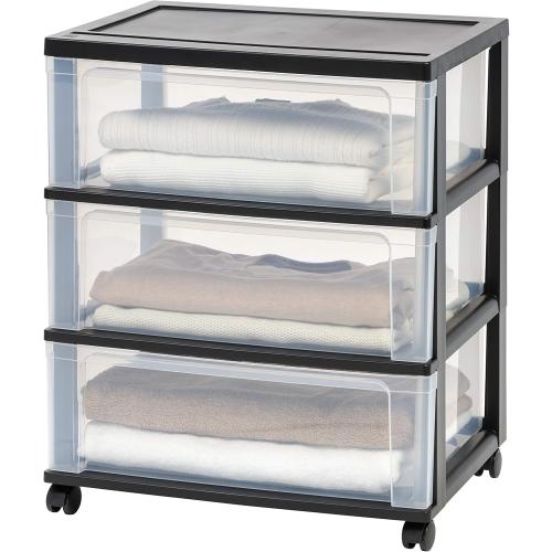 Plastic Drawer Storage Organizer Rolling Cart, with Wheels Casters, 3-Drawers, for Art Craft Supplies Bathroom Dorm Bedroom Laundry Room, Wide, Black