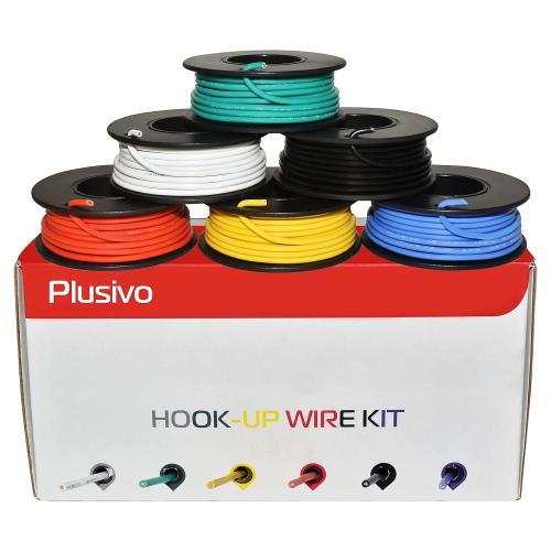 18 AWG Solid Core Hookup Wire Kit – 18 Gauge Copper Pre-Tinned PVC Coated 16ft or 5m Each Spool, 6 Colors (Black, Red, Yellow, Green, Blue, White), Jumper Electrical Wire Hook Up Wire Kit from Plusivo
