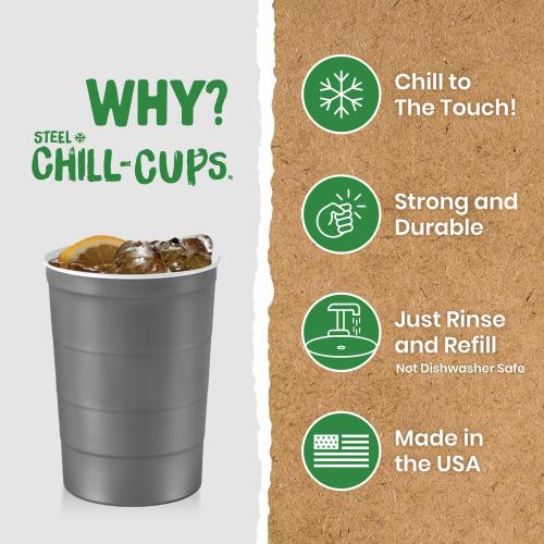 Steel Chill Cups 16 oz. Party Cups, Perfect for Cold Drinks, Sturdy & Durable, Disposable and 100% Recyclable, Made in USA, Gray, 12 Count