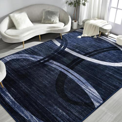 Kimicole 5x8 Large Area Rugs for Bedroom Living Room, Modern Abstract Geometric Washable Rugs, Low Pile Thin Rug, Non-Slip Indoor Wavy Circles Floor Carpet for Office Dining Room Home Decor (Blue)