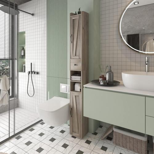 Bathroom Storage Cabinet with Adjustable Shelf, Tall Narrow Cabinet with Retractable Toilet Paper Rod and 8 Storage Compartments, Brown Gray