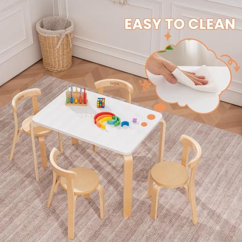 Swegrow Kids Table and 4 Chairs Set, Wooden Table and Chairs for Kids & Toddler，Kid Wooden Furniture for Playroom/Home/Kindergarten