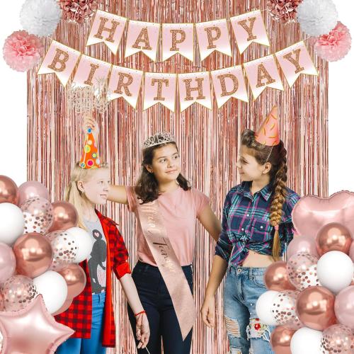 13th Birthday Party Decorations for Girls, Rose Gold Official Teenager Foil Balloons 13th Birthday Banner Fringe Curtain Crown Sash Paper Pompoms Cake Topper for 13 Year Old Girls Party Favor Supplies
