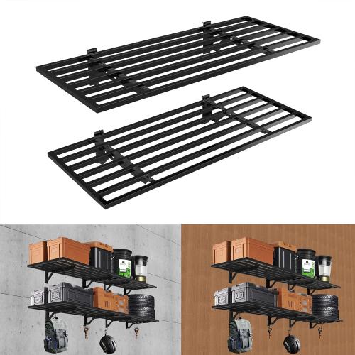 2 Pack Garage Wall Mounted Shelf System, 3.87'×1.64' Heavy Duty Steel storage Shelving with 6 Hooks, 2 shelves with stands 600lbs, Black