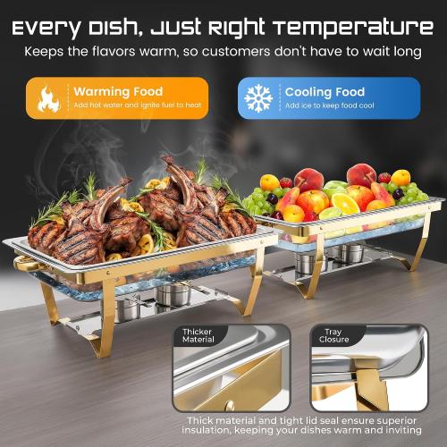 Chafing Dishes for Buffet, 4 Pack Chafing Dish Buffet Set, 9QT Elegant Gold Colors Stainless Steel with Folding Frame Chafing Dish Buffet Set, Food Warmers for Parties, Weddings, Holiday Parties, etc