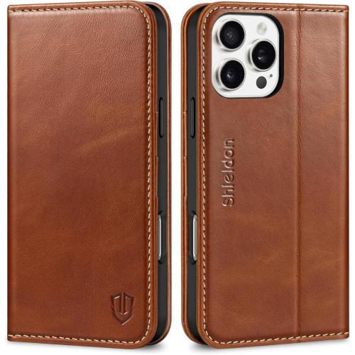 SHIELDON Case for iPhone 16 Pro Max 5G 2024, Genuine Leather Folio Wallet Magnetic Kickstand RFID Blocking Card Slots Shock-Absorbent Phone Cover Compatible with iPhone 16 Pro Max 6.9 - Retro Brown