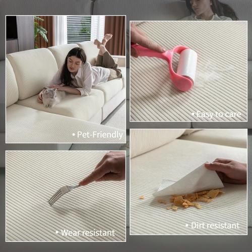 Sectional Couch Covers, Wear Resistant Stretch Sofa Covers Washable Soft Couch Cushion Covers Anti Slip Furniture Protector Sofa Slipcovers for Pets (3 Pieces 3 Seaters Cover, Ivory)
