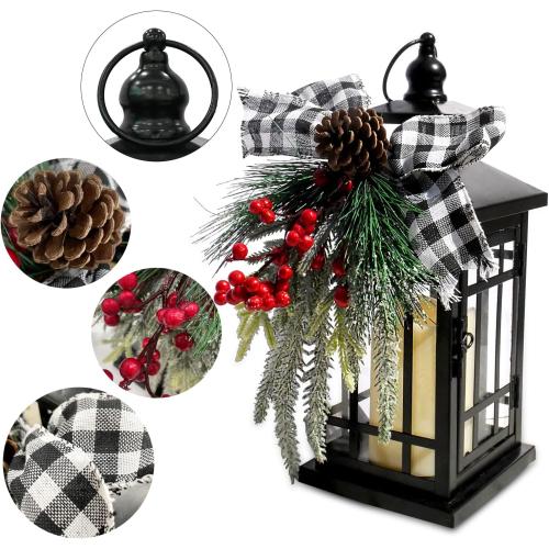 Christmas Decorative Lantern w/LED Flickering Flameless Candle - 14 Inch, Antiqued Vintage Lantern with Xmas Ornament for Outside Indoor Table Holiday Party Decorations