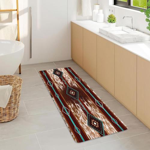 JAWO Western Aztec Bath Mat, Southwest Geometric Pattern Faux Cowhide Red Brown Bathroom Rug, Cow Print Non Slip Bathtub Mat Modern Art Bathroom Accessories Shower Mat Kitchen Rug (17X48)