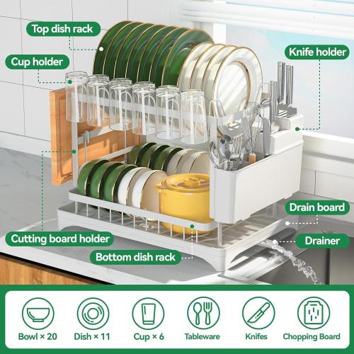 2-Tier Dish Drying Rack with Drainboard, Sink & Countertop Metal Dish Rack Organizer, Dish Drainers for Kitchen Counter, White Dish Racks