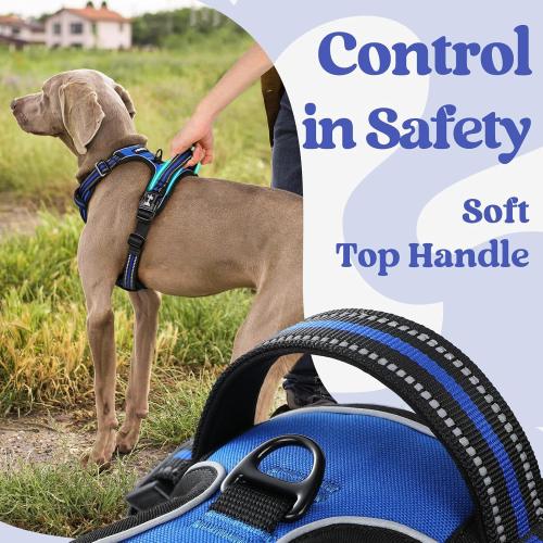 rabbitgoo Dog Harness Medium Sized, No Pull Pet Harness with 3 Buckles, Adjustable Soft Padded Vest with Control Handle, Walking Reflective Pet Vest for Medium Dogs, Blue, M