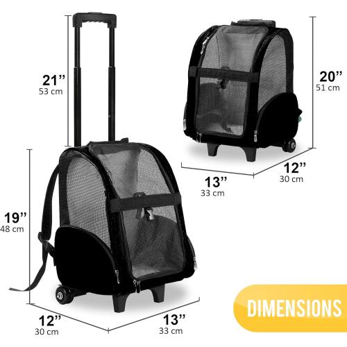 Color Black KOPEKS Deluxe Backpack Pet Travel Carrier with Double Wheels for Pets up to 10 Pounds - Black - Approved by Most Airlines