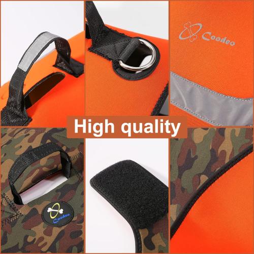 XL Coodeo Dog Hunting Vest Orange, Camo and Reversible Reflective Dog Tactical Harness Hound Jacket for Protection and Security, 4.5mm Neoprene Waterproof Safety Dog Vest Both Sides to Wear (X-Large)