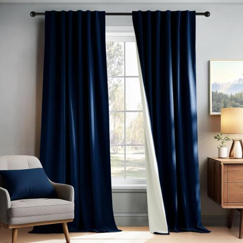 PONY DANCE 100% Blackout Cutains 90 inch Length 2 Panels Set, Navy Blue Velvet Thermal Insulated Window Drapes for Bedroom, Luxury Black Out Rod Pocket Back Tab Curtains for Living Room, W52 x L90
