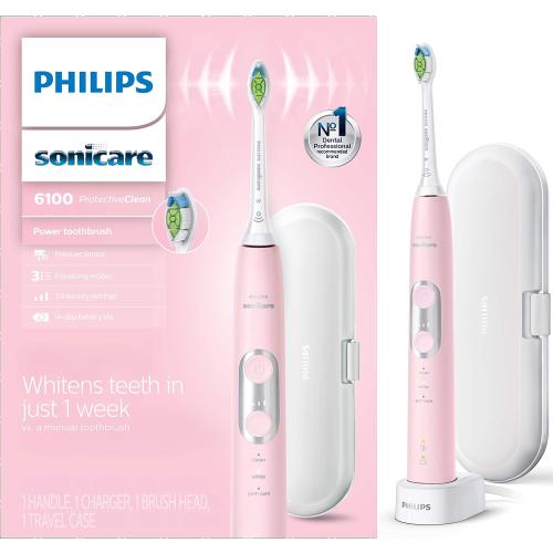 Philips Sonicare ProtectiveClean 6100 Rechargeable Electric Toothbrush, with Pressure Sensor, 3 Cleaning Modes, SmarTimer and QuadPacer, 14-Day Battery Life, Travel Case, Pink, Model HX6876/21