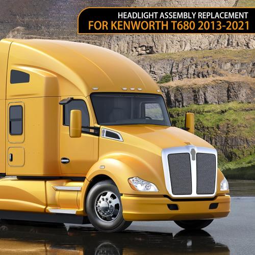 Pair Headlights Assembly for Kenworth T680 2013-2021 | Halogen Headlamp Chrome IP68 Waterproof Anti-Fog Left Driver & Right Passenger Head lights DOT Approved
