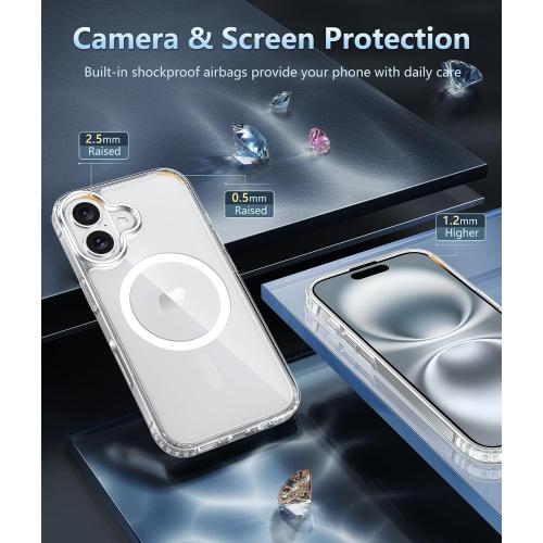 FNTCASE for iPhone 16 Case Clear: Magnetic Phone Cases with Screen Protector Drop Proof Compatible with Magsafe Slim Anti Yellowing Rugged Shockproof Protective Transparent Cell Cover (A-Clear)