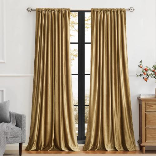 PRIMROSE Golden Velvet Curtains 120 inch Long for Living Room,Set of 2 Panels Blackout Rod Pocket Back Tab Window Treatment Room Darkening Heavy Decorative Curtains Drapes for Bedroom