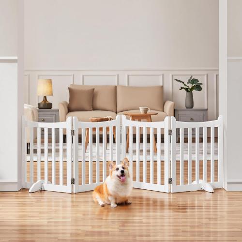Yaheetech 24 H Freestanding Pet Gate for Dogs Wooden Dog Gates for Hallway, Doorway Collapsible Indoor Pet Fence with Support Feet Stair Barrier 4 Panels Fence White