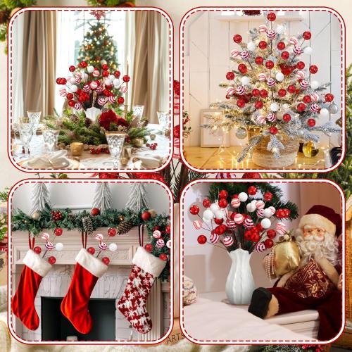 8 Pcs Red and White Christmas Tree Picks 14'' Candy Cane Tree Picks Ornaments Peppermint Christmas Decoration Glitter Berry Stems with Balls for Xmas Wreath Crafts Holiday Vase Fillers Decor